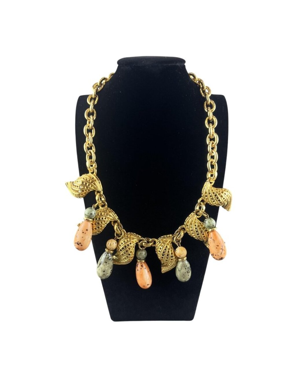 Vintage Style Gold Tone Statement Necklace Coral Drop Beads Chunky Charm Bib art